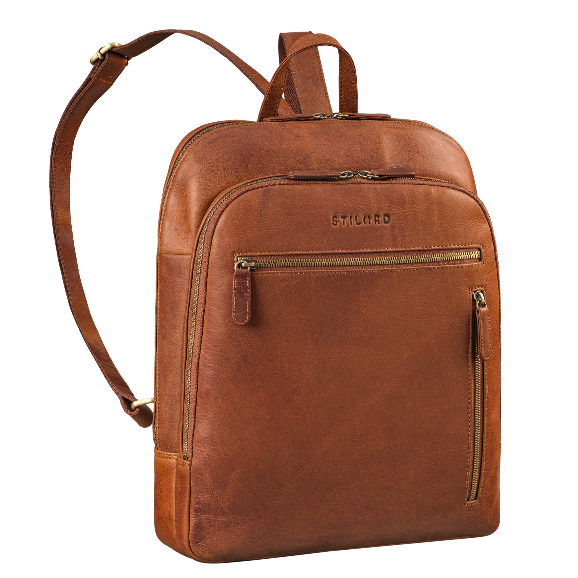 Damenrucksack Leder cognac aus der schrägen Frontalperspektive