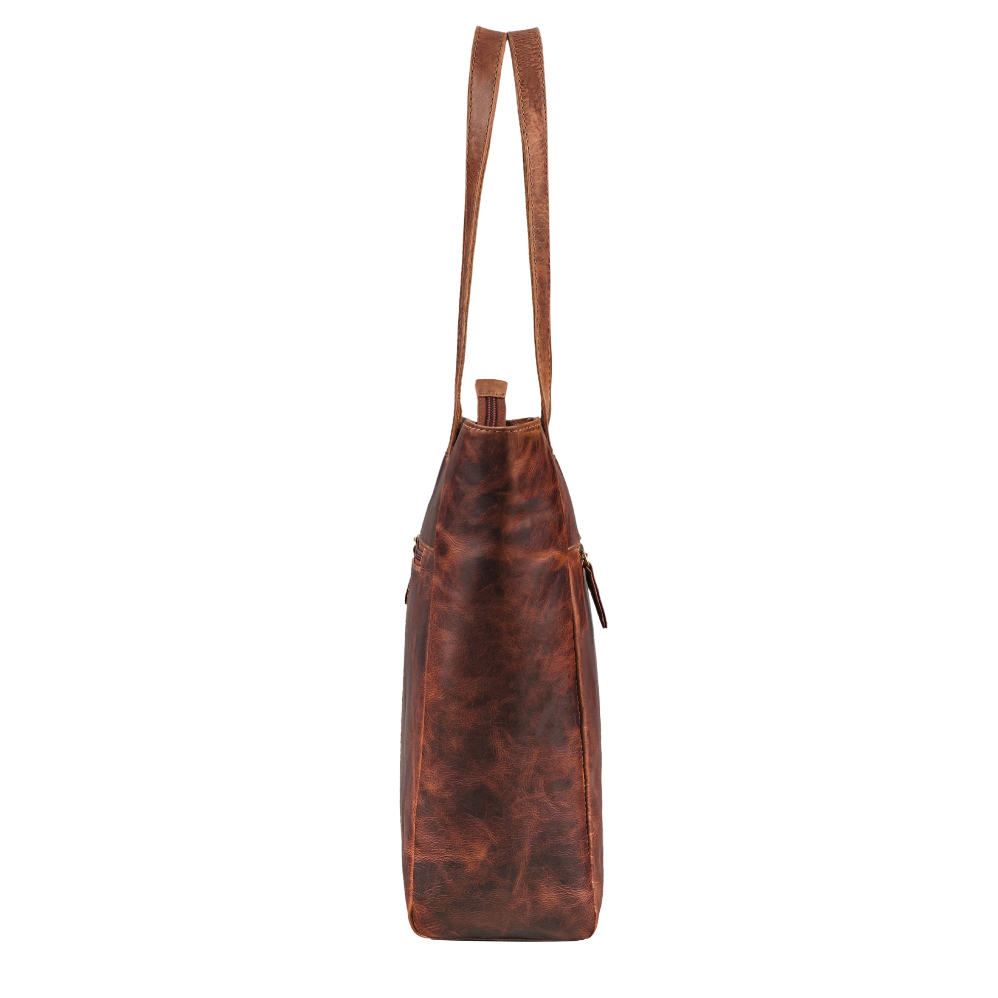 Leder Shopper Damen cognac aus der seitlichen Perspektive
