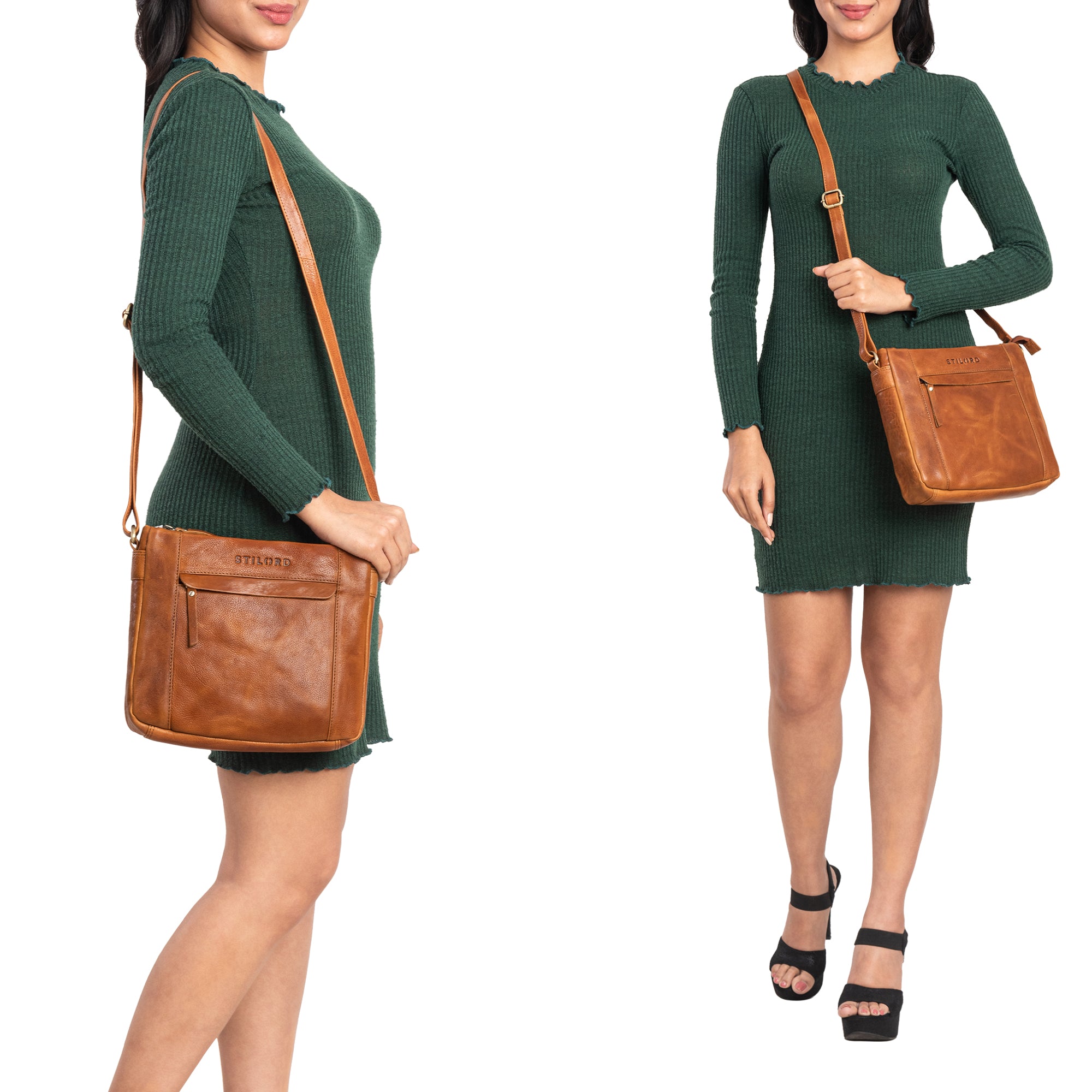 Handtaschen Damen texas braun aus Leder über die Schulter und crossbody an einer Frau getragen