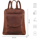 Leder Daypack klein braun mit Größenangaben und zusätzlichen Merkmal Icons
