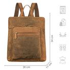 Daypack Leder klein braun mit Größenangaben und zusätzlichen Merkmal Icons