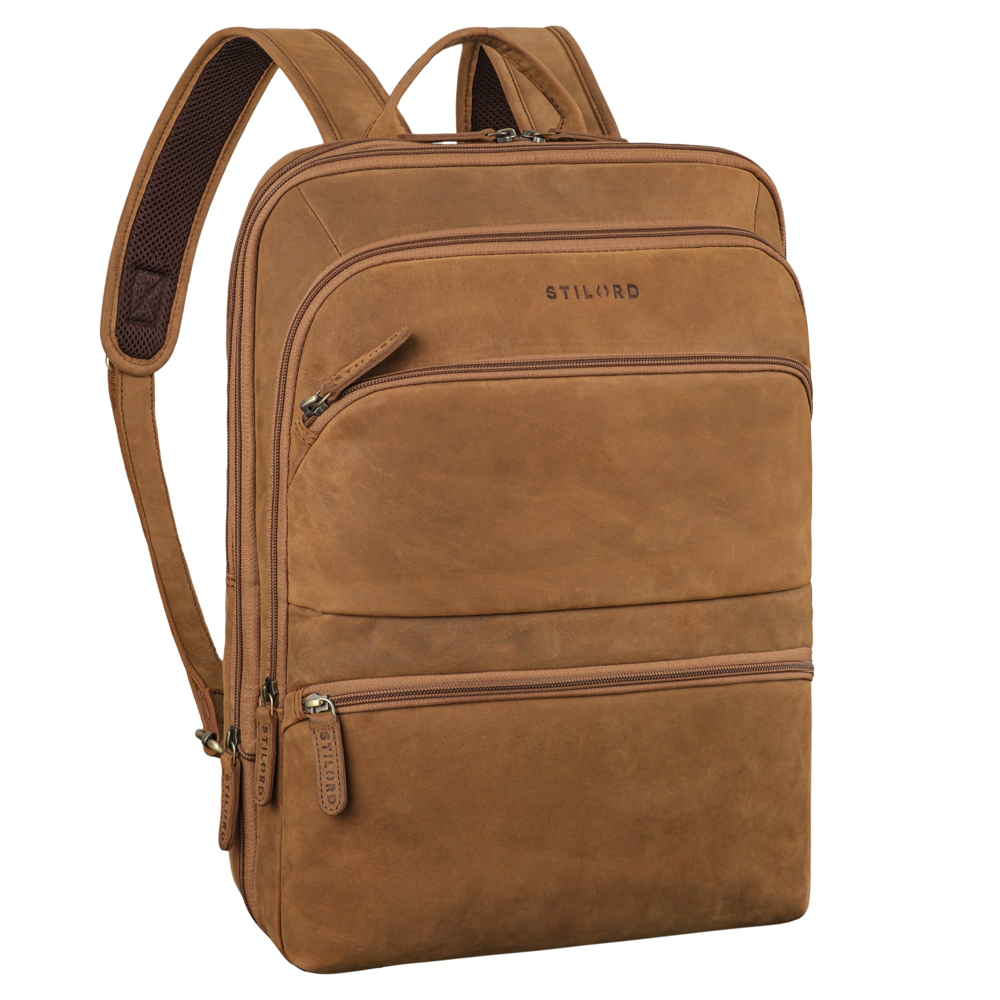 Großer Laptoprucksack braun aus der schrägen Frontalperspektive