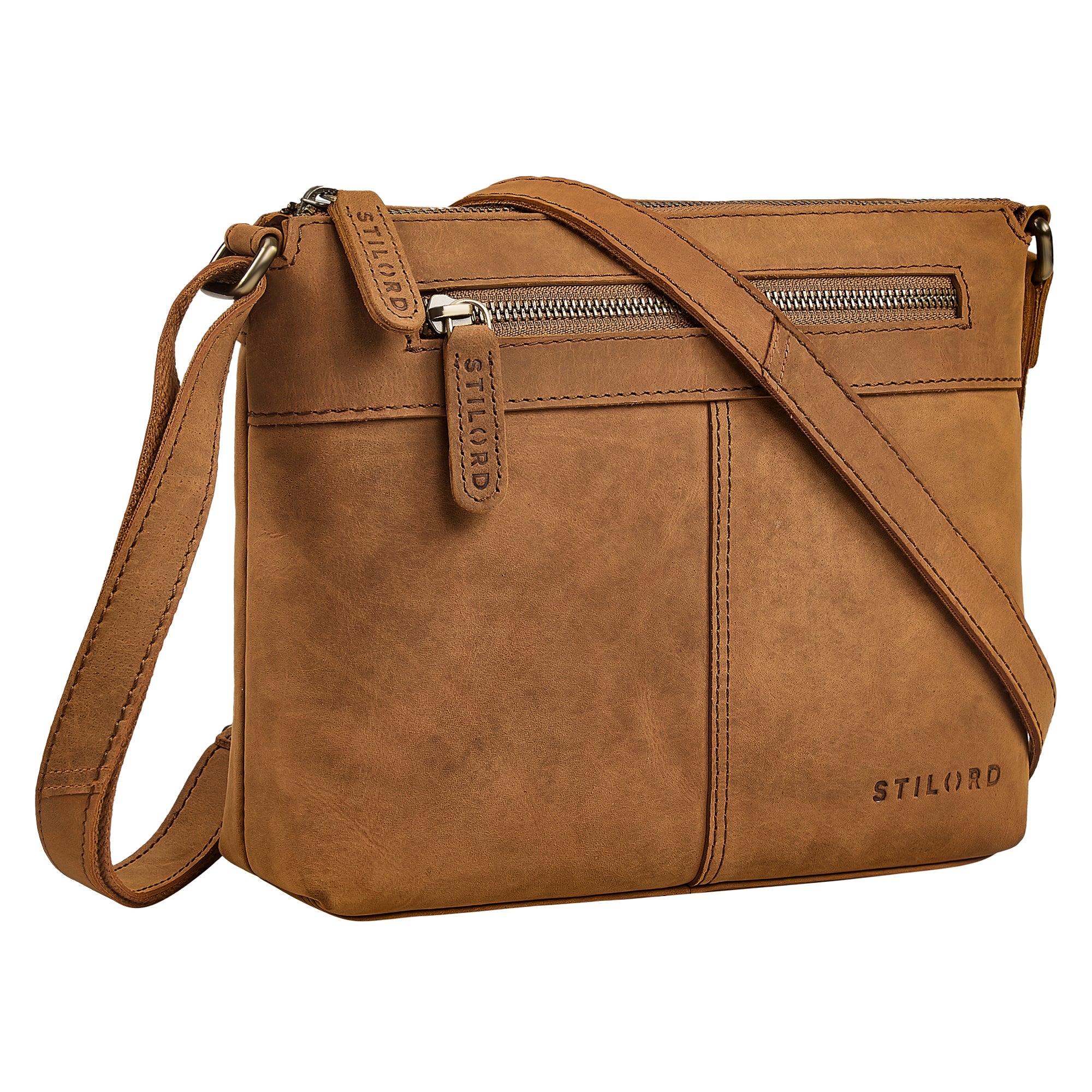 Hellbraune Kleine Ledertasche Damen mit Reißverschluss & Gurt für 8 Zoll