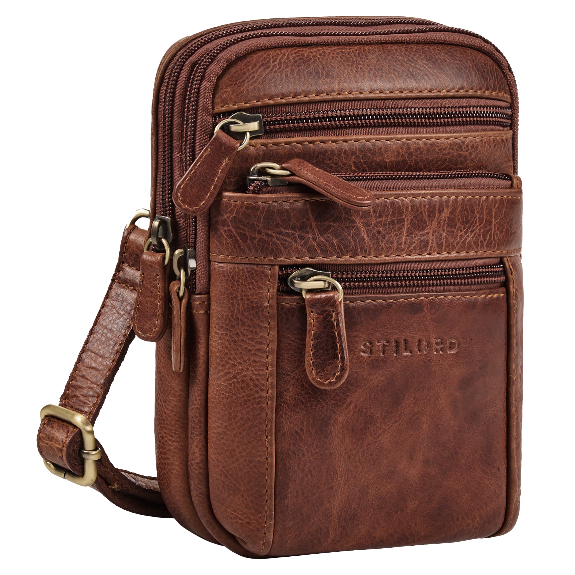 Multifunktionale 4-in-1 Kleine Ledertasche Herren Cognac - Umhängetasche, Gürteltasche, Brusttasche oder mit Karabiner befestigbar